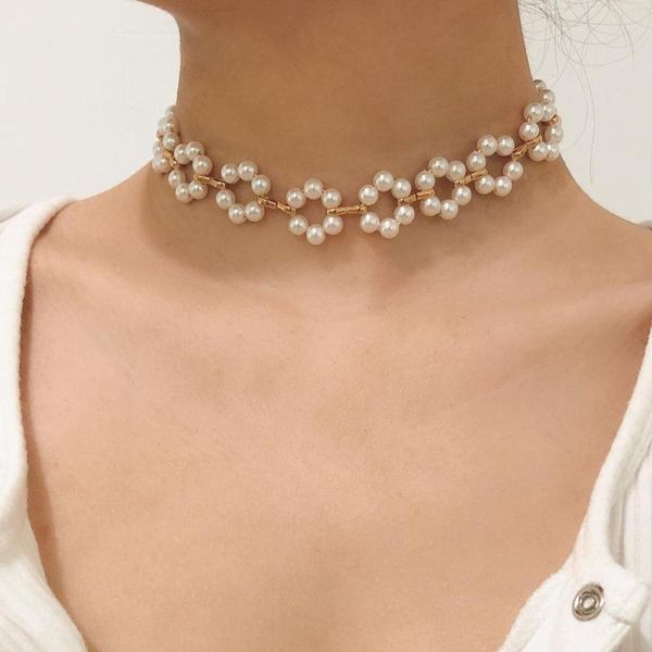 

chokers elegant white pearl flower chokes necklaces for women fashion geometric korean necklace short chain jewelry wedding gifts, Golden;silver