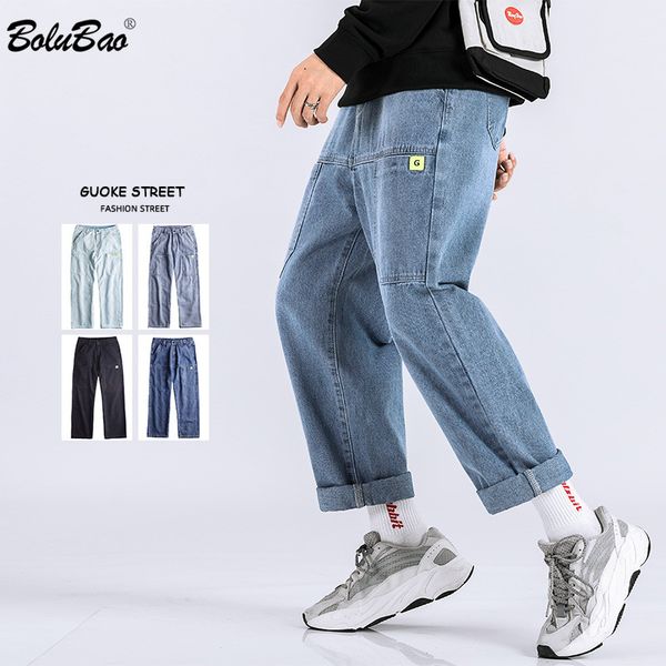 

bolubao fashion brand men washed jeans autumn new men's casual trousers high street solid color straight jeans male, Blue