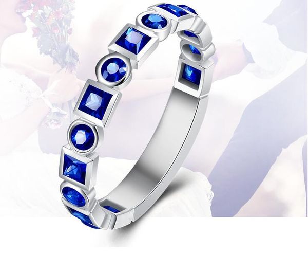 

wedding rings seanlov jewelry blue color inlay cubic zirconia unique shaped ring for women engagement, Slivery;golden