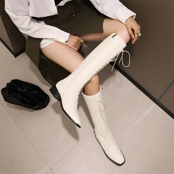 

boots women knee high autumn winter woman shoes lace-up flat pu leather white black ladies knight long