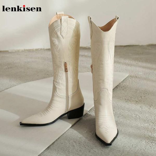

lenkisen big size vintage genuine leather totem high heels pointed toe metal zipper winter super warm women thigh high boots l23, Black