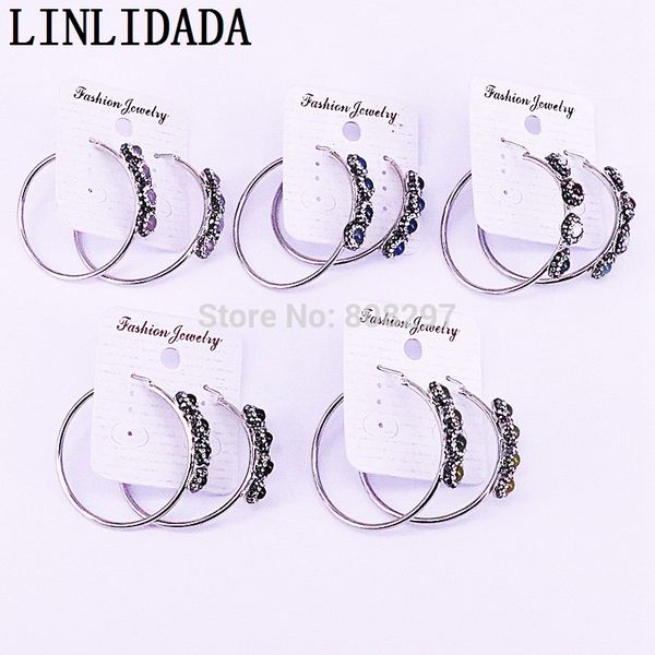 

5pair natural stone with pave crystal rhinestone charm round circle hoop earrings women fashion earrings, Golden