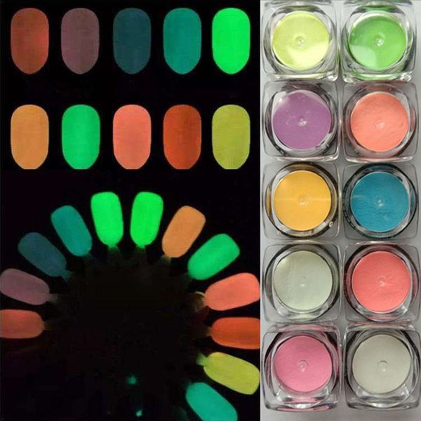 

10pcs/set fluorescent nail powder neon colorful nail art glitter pigment 3d glow luminous dust decorations tools, Silver;gold