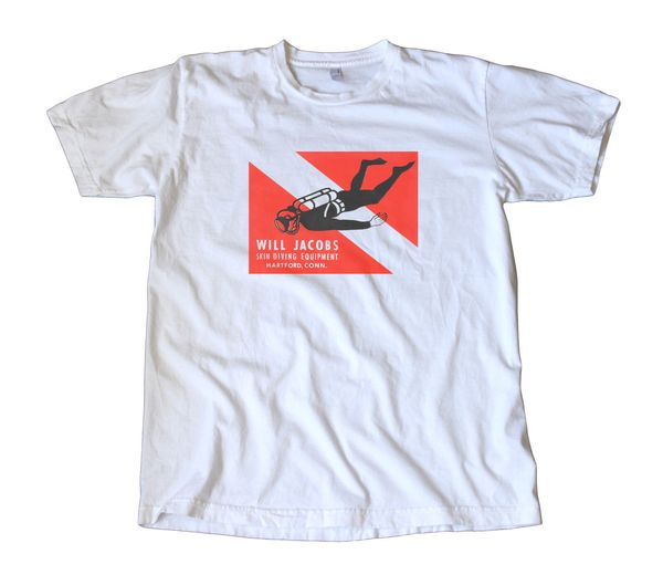

vintage will jacobs skin dive equipment decal t-shirt - scuba, surfings, snorkle