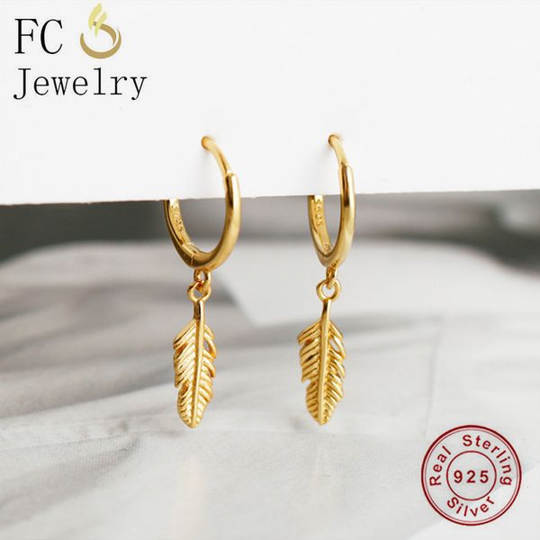 

hoop & huggie fc jewelry 925 sterling silver gold color bohemian leaf feather earring for women ear piercing pendientes 2021 fashion, Golden;silver