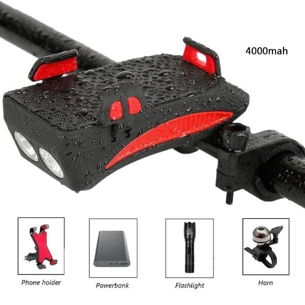 

multi-function bike light usb rechargeable bicycle bike horn phone holder power bank 4 in 1 mtb cycling front light