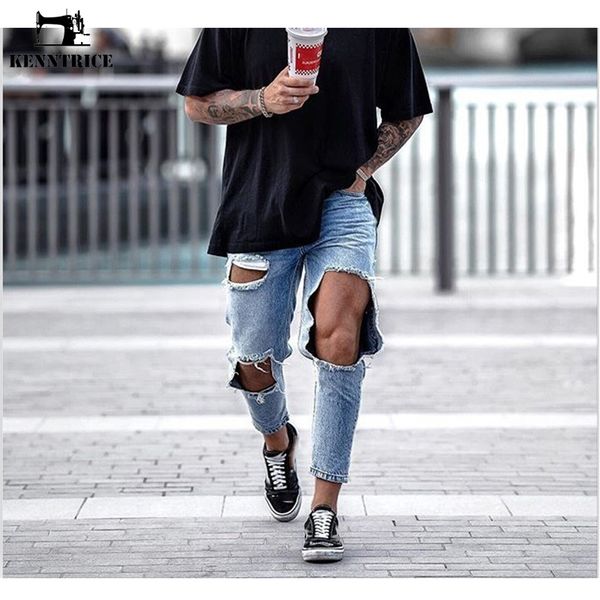 

men's jeans kenntrice men hip hop streetwear destroyed ripped denim pants loose knee hole male, Blue