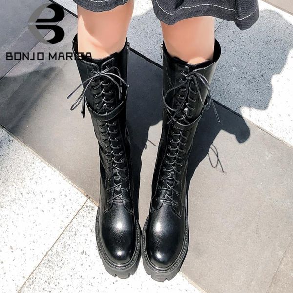 

bonjomarisa genuine leather female fashion platform lace up mid calf boots buckle brand boots women 2020 winter shoes woman, Black
