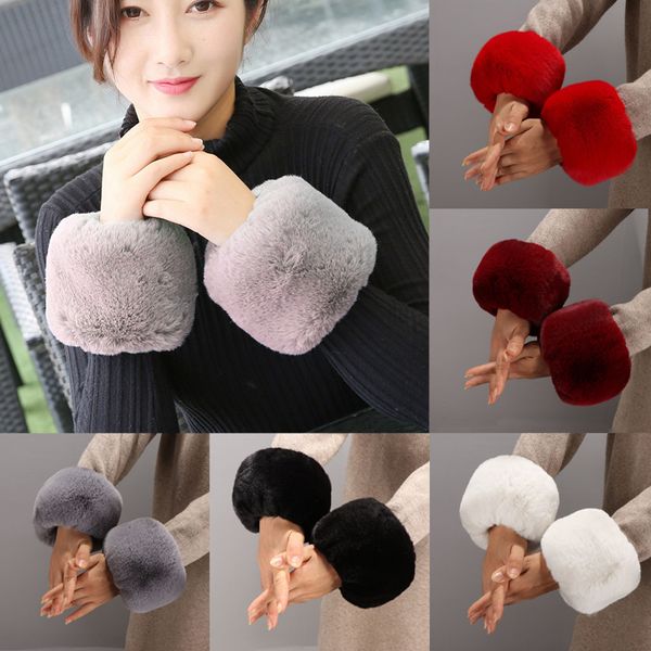 

winter warm wristbands one pair faux fur oversleeve cuff women' parkas fur wrist gloves sleeve cuff cover mittens, Blue;gray