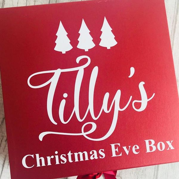 

personalised children's red christmas eve box, christmas tree design, baby gift present, cutom keepsake festive season celebrate