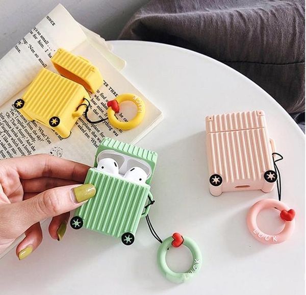 

suitcase silicone airpod case trunk earphone full cover protector & strap for apple bluetooth wireless charging earbuds with retail box
