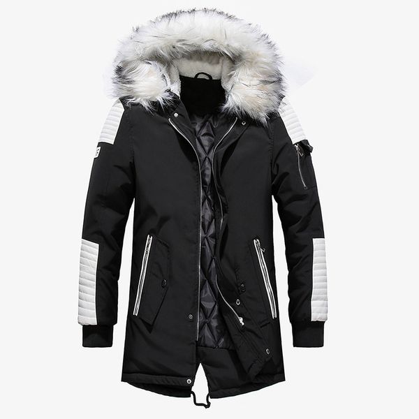 

men's down & parkas autumn and winter cotton jacket thick warm casual coat hooded large fur collar, Black