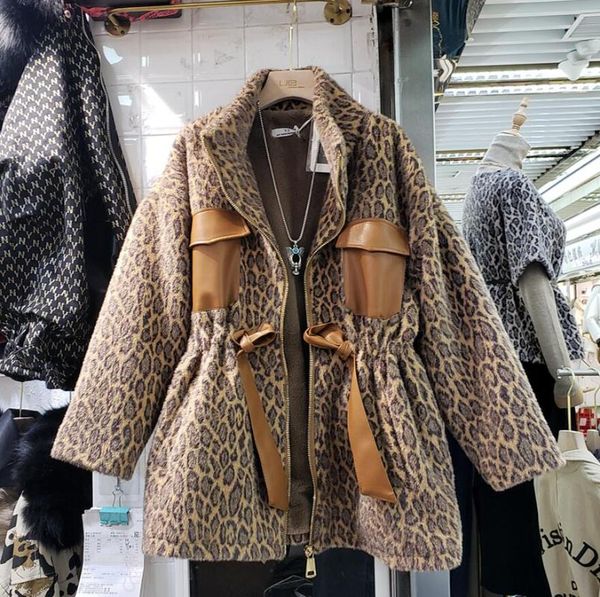 

women's wool & blends european 2021 winter leopard pattern leather pockets stitching coat thick warm slim overcoats, Black