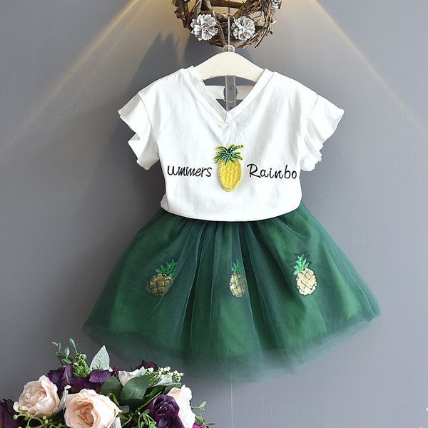 

short sleeve v-neck t-shirt +pink mesh skirt kid girl clothes set l4.28, White
