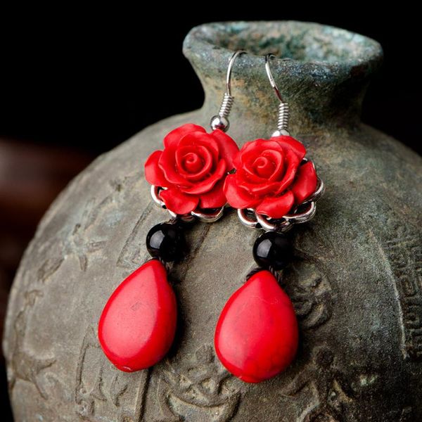 

dangle earrings hanging women ethnic red flower drop earrings vintage jewelry fashion women's stone party gift 2020, Silver