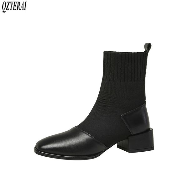 

qzyerai autumn winter new genuine leather women boots ankle fashion warm female boots cowhide women shoes size 34-42, Black