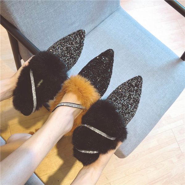

women shoes autumn casual female sneakers loafers with fur 2020 fashion women's pointed toe flats fall slip-on modis new dress, Black