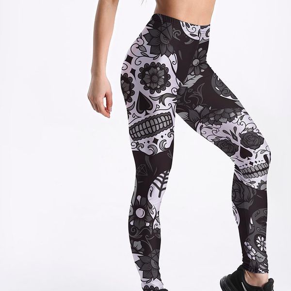 

3d printed fitness push up workout leggings women gothic rose flower skull plus size high waist punk rock pants, Black