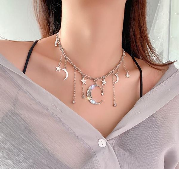

super fairy rhinestone dream star moon tassel clavicle chain fairy choker necklace, Silver