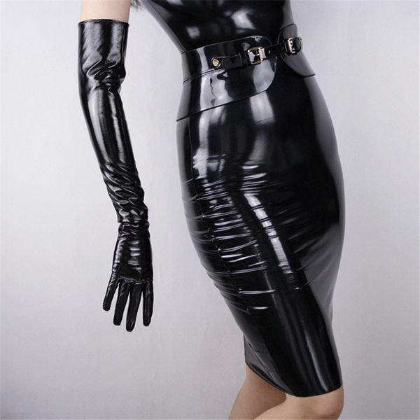 

five fingers gloves 2021 woman' patent leather pu female bright black simulation dance party cosplay p1370-7, Blue;gray