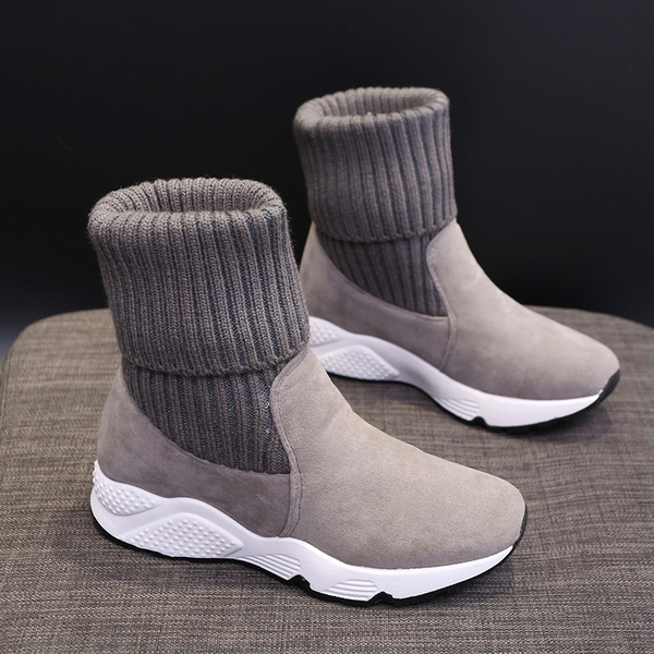 

women fashion sock ankle boots ladies soft turned over snow boots for women fur plush platform shoes sweater boots, Black