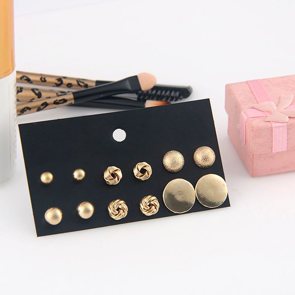 

fashion 6 pair/set punk accessories round stud earrings set for women mix design knotted stud earring brincos jewelry bijoux, Golden;silver