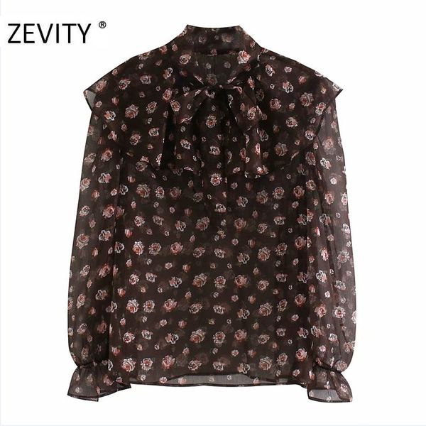 

zevity new women vintage puff sleeve flower print casual smock blouse office lady chic bow tied collar ruffles shirt ls7140, White