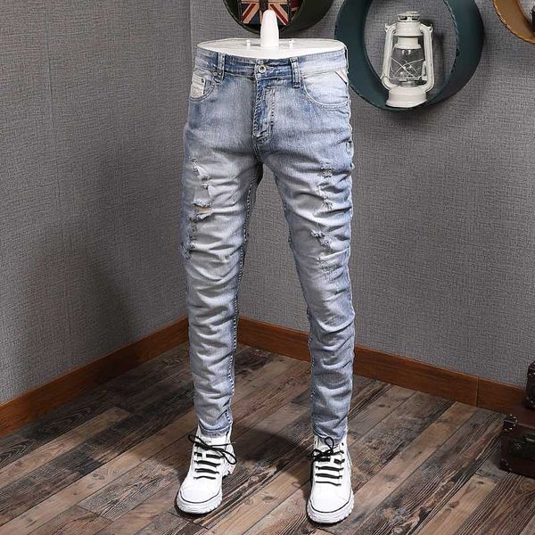 

fashion streetwear men jeans light blue destroyed ripped jeans men slim fit denim pants vintage designer hip hop homme