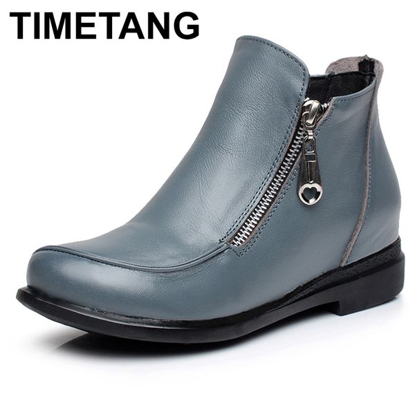 

timetang autumn winter genuine leather women boots fashion flat heels shoes round toe ladies boots female casual zipper ankle, Black