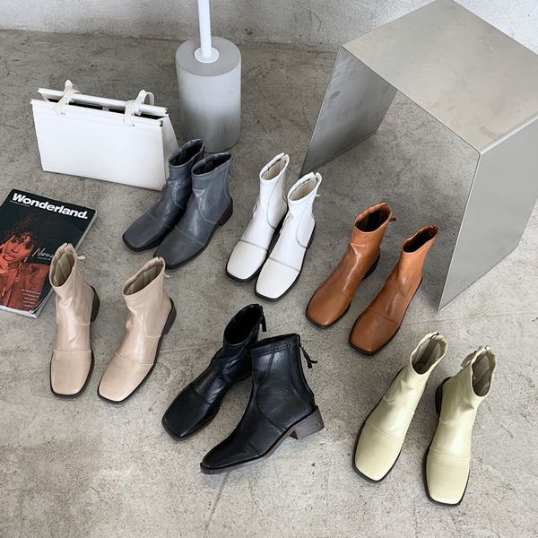 

monmoira med heel sewing ankle boots for women vintage square toe stretch pu sock boots women back zipper winter shoes, Black