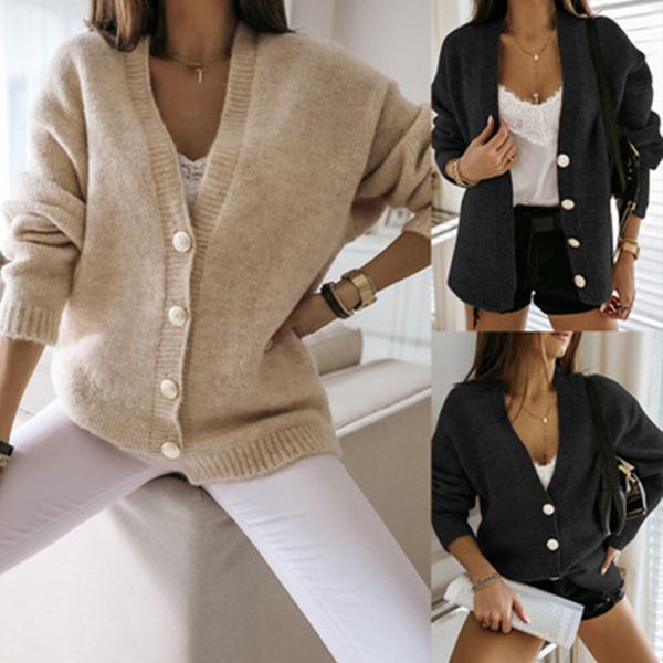 

women's knits & tees fashion women long sleeve v neck cardugan autumn loose knitted ladies solid single breasted knitwear outerwear, White