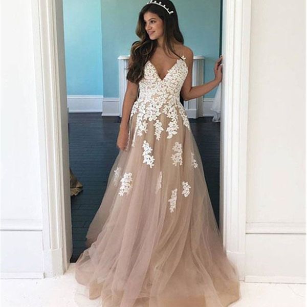 

v neckline lace appliques wedding dresses spaghetti strap champagne tulle ivory appliques floor length bridal dress, Blue;red