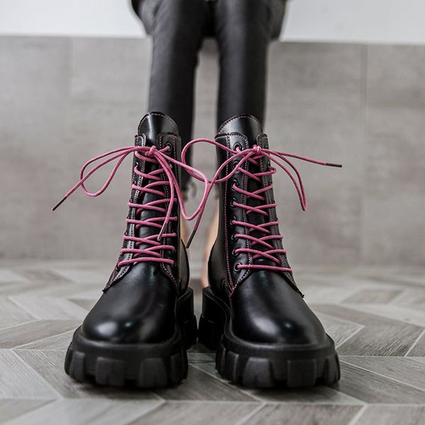 

black platform ankle boots for women 2020 pu leather chunky heels shoes woman lace up fashion boots woman
