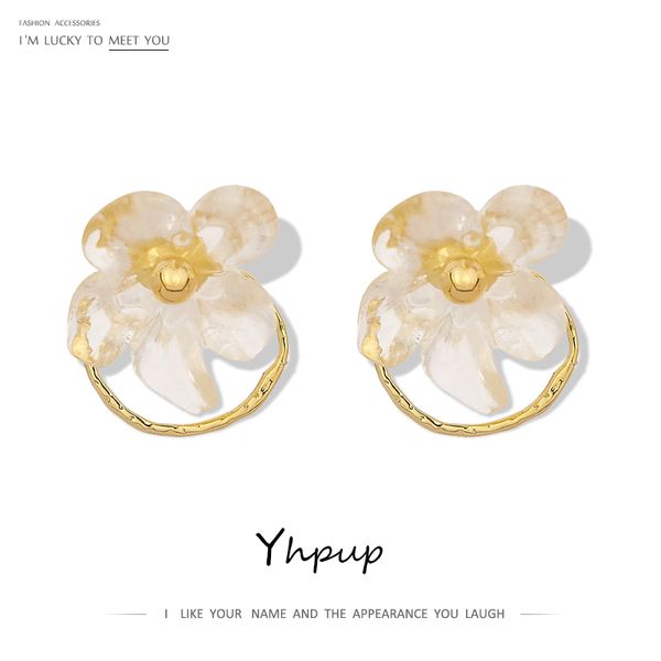 

yhpup fashion flower stud earrings for women statement resin acrylic gold earrings copper jewelry new boucle d'oreille 2020, Golden;silver