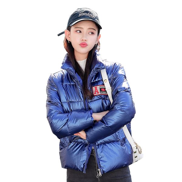 

women's down & parkas chic student short stand collar winter coat women oversize glossy jacket thick warm cotton padded wadded big pock, Black