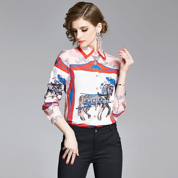 

l xl xxl new summer 2020 women long sleeve shirt white red animal digital print slim office lady blouse