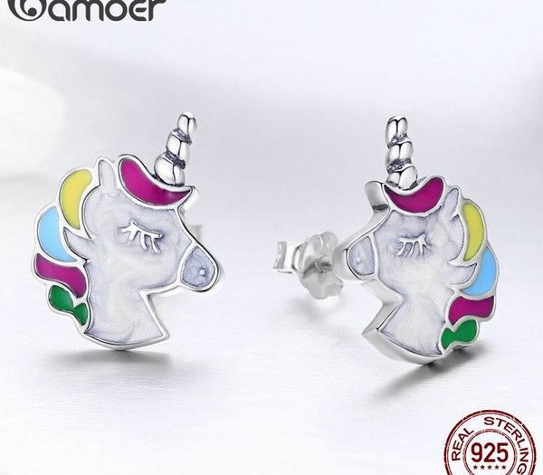 

оптовый высокого качество 100% 925 sterling silver красочного unicorn память серьга стержень для женщин ювелирных изделий стерлингового сере, Golden;silver