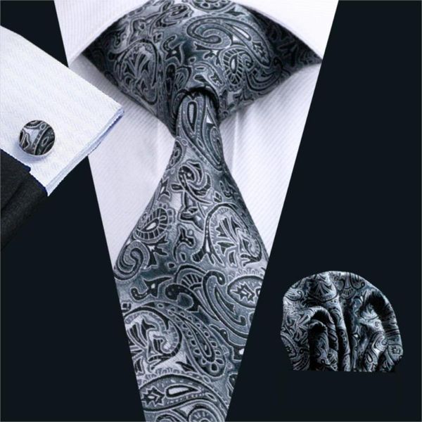 

fa-209 men`s tie black paisley silk jacquard woven classic tie hanky cufflinks set for men business wedding party ing, Black;gray