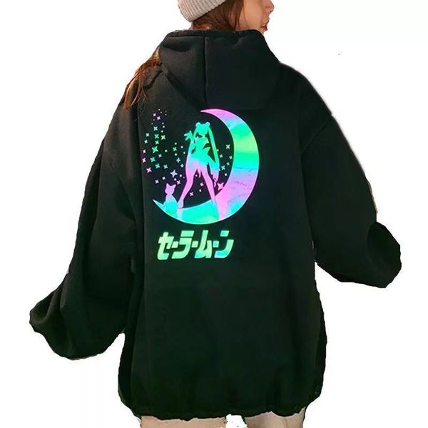 

harajuku sailor moon cartoon print hoodie women loose casual reflective material long sleeve pullover streetwear sweatshirt, Black