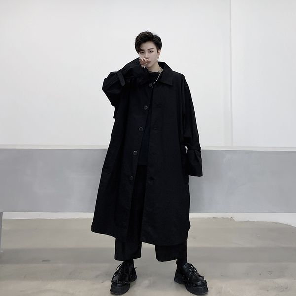 

men's trench coats men women vintage casual loose long coat japan korea style male trenchcoat jacket couple windbreaker outerwear, Tan;black