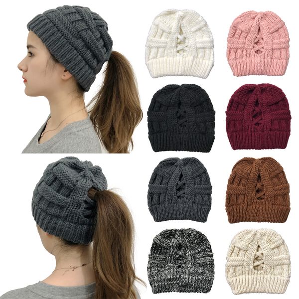 

hats criss women beanie ladies ponytail warm cross knitted outdoor winter casual cap skull beanies ski ljja4170 umdnv, Blue;gray