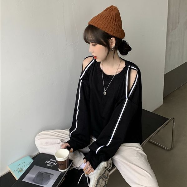 

2020 autumn korean pullover sweatersweaterstyleshoulder long sleeve sweater women's design sense niche loose slimming round neck pullov, Black