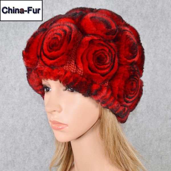 

beanie/skull caps winter women knitted100% natural real rex fur hats female warm floral skullies hat, Blue;gray