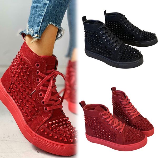 

women shoes boots solid studded eyelet sneaker lace-up cross strappy casual hip hop punk flat boots autumn women d88, Black