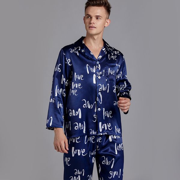 

male navy blue sleepwear satin 2pcs pajamas set kimono robe gown silky intimate lingerie print shirt&pants nightwear homewear, Black;brown
