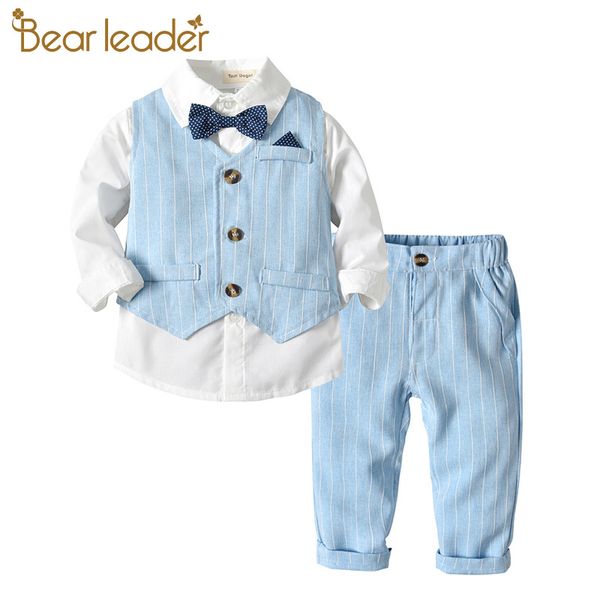 

bear leader spring&autumn baby boy gentleman suit white shirt with bow tie striped vest trousers 3pcs formal kids clothes set