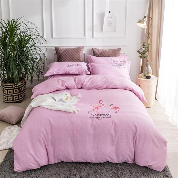 

luxury 100% cotton flamingo texture bedding set embroidery duvet cover set bed sheet pillowcases  king size 4pcs bedlinen