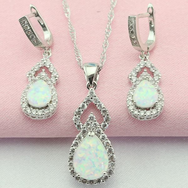 

classic white create australia opal white stone silver color jewelry sets drop earrings pendant necklace for women gift box