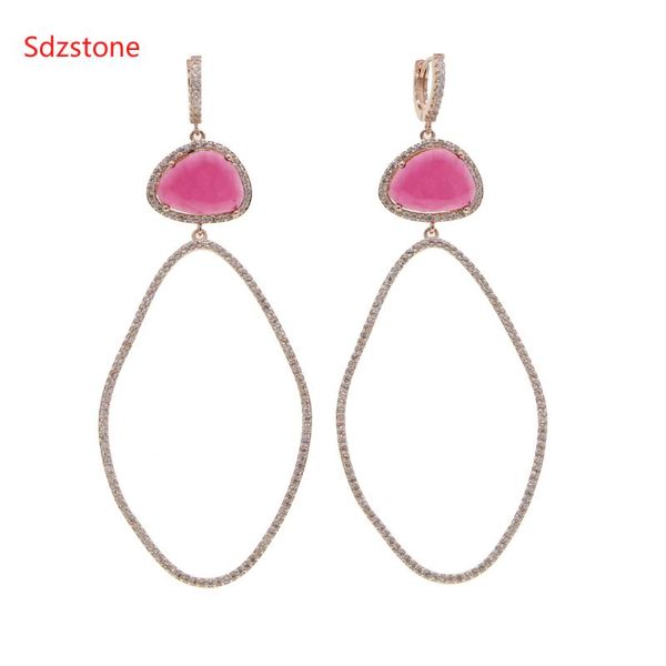 

dangle & chandelier sdzstone 70*34mm big size women oval earring wiht pink green zircon fashion ear jewelry, Silver