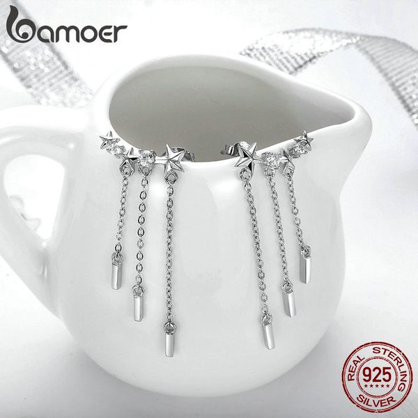 

bamoer genuine 925 sterling silver long chain star dazzling cz drop earrings for women fashion earrings silver jewelry sce399 200923